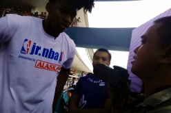 Conan Altatis interviews Orlando Magic's Elfrid Payton at the Music Hall of SMA Mall of Asia in Pasay City, Philippines, at the culminating activity of Jr. NBA Philippines' National Training Camp on May 14, 2017.