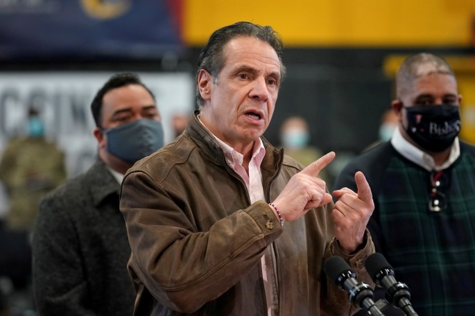 New York Governor Andrew Cuomo speaks during a news conference at a vaccination site in the Brooklyn borough of New York, U.S.