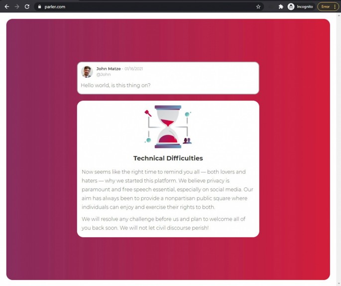 A screengrab of Parler.com website and Parler CEO John Matze's message on January 16, 2021, reading "Hello world, is this thing on?", seen in this picture obtained
