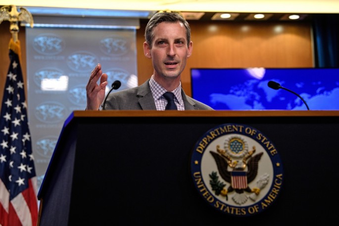 US State Department spokesman Ned Price gestures as he speaks during the daily press briefing at the State Department in Washington, DC, U.S