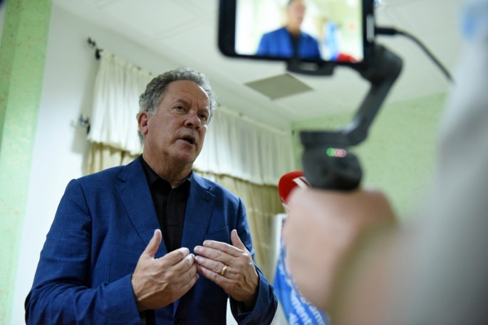 World Food Programme (WFP) Executive Director David Beasley reacts as he speaks to the press during his stopover in Ouagadougou, Burkina Faso