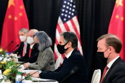 The U.S. delegation led by Secretary of State Antony Blinken (C) and flanked by National Security Advisor Jake Sullivan (R),