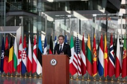 U.S. Secretary of State Antony Blinken delivers an address after a meeting of NATO foreign ministers at NATO headquarters in Brussels, Belgium 