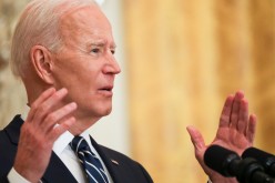 U.S. President Joe Biden gestures as he answers a question during his first formal news conference as president in the East Room of the White House in Washington, U.S