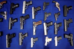 Seized handguns are pictured at the police headquarters in New York, New York