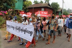 People protest against the military coup in Launglon township, Myanmar 