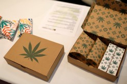 Cannabis product boxes are displayed at The Cannabis World Congress & Business Exposition (CWCBExpo) trade show in New York City, 