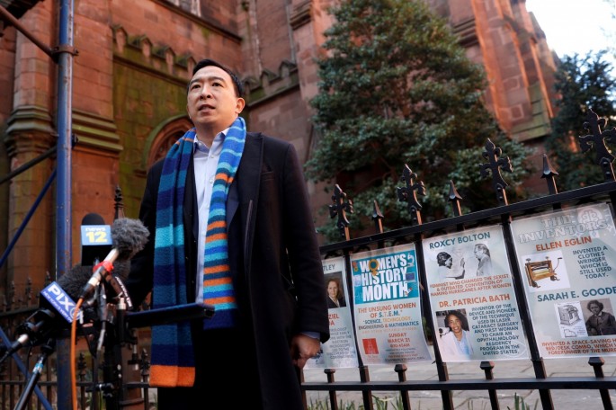 Andrew Yang, Democratic candidate for mayor of New York City, speaks to the press about attacks on Asian Americans following a campaign appearance