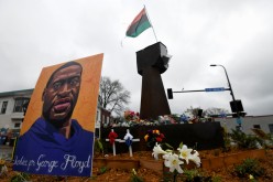 An art installation and garden are seen at George Floyd Square on the tenth day in the trial of former police officer Derek Chauvin,