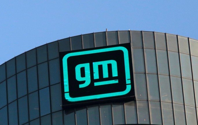 The new GM logo is seen on the facade of the General Motors headquarters in Detroit, Michigan, U.S.