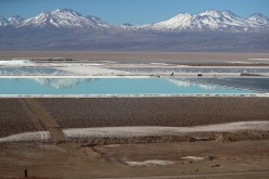 Brine pools from a lithium mine, that belongs U.S.-based Albemarle Corp, is seen on the Atacama salt flat in the Atacama desert, Chile, 