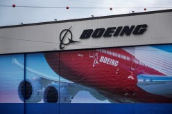 A Boeing logo is seen at the company's facility in Everett after it was announced that their 777X model will make its first test flight later in the week in Everett, Washington