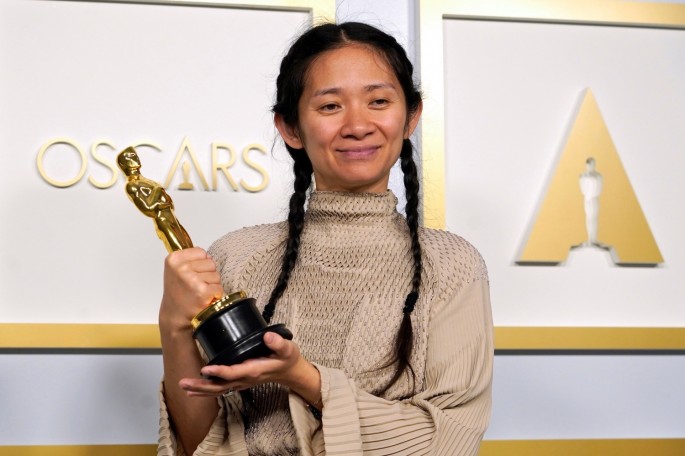 Director/Producer Chloe Zhao, winner of the award for best picture for "Nomadland," poses in the press room at the Oscars, in Los Angeles,