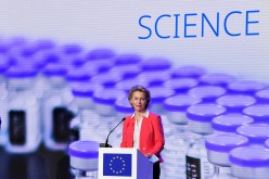 European Commission President Ursula von der Leyen addresses a press conference after a visit to oversee the production of the Pfizer-BioNtech COVID-19 vaccine at the factory of U.S.