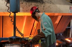 A worker pours hot metal at the Kirsh Foundry in Beaver Dam, Wisconsin, U.S.