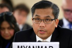 Myanmar's United Nations ambassador Kyaw Moe Tun addresses the U.N. Human Rights Council in Geneva, Switzerland