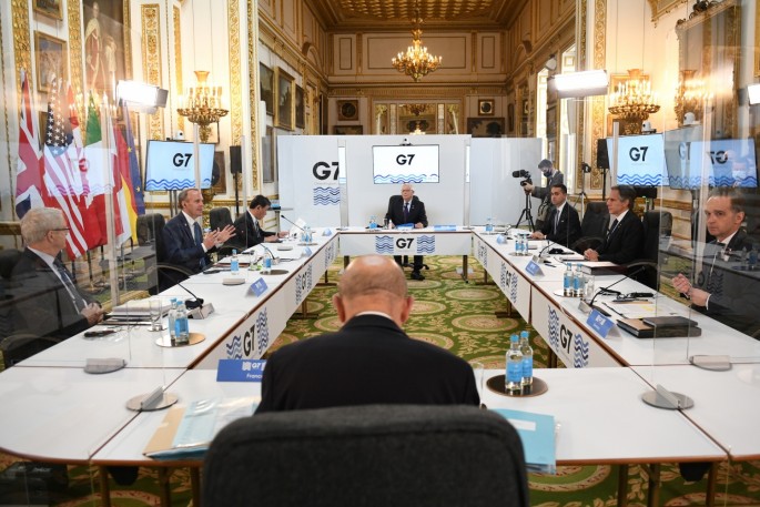 (from L) Canadian Minister of Foreign Affairs Marc Garneau, Britain's Foreign Secretary Dominic Raab, Japanese Minister of Foreign Affairs Toshimitsu Motegi, European High Representative of the Union for Foreign Affairs, Josep Borrell,