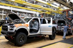 A Ford 2018 F150 pick-up truck moves down the assembly line at Ford's Dearborn Truck Plant during the 100-year celebration of the Ford River Rouge Complex in Dearborn