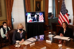 U.S. Vice President Kamala Harris and Mexico's President Andres Manuel Lopez Obrador hold a virtual bilateral meeting from the vice president's ceremonial office 