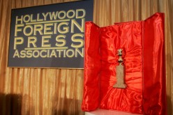 The Hollywood Foreign Press Association's Golden Globe statuette is seen with its red velvet-lined, leather-bound chest during a news conference in Beverly Hills, California