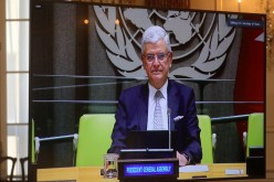 U.S. Secretary of State Antony Blinken holds a virtual meeting with UN General Assembly President Volkan Bozkir via videoconference from the State Department in Washington, U.S.