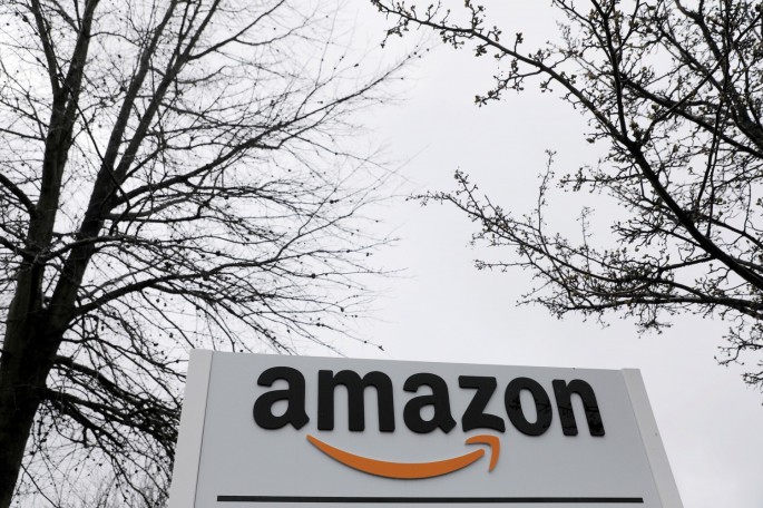 Signage is seen at an Amazon facility in Bethpage on Long Island in New York, U.S