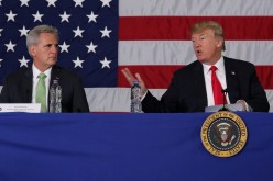 U.S. President Donald Trump, flanked by House Majority Leader Kevin McCarthy (R-CA), participates in a roundtable discussion about trade in Duluth, Minnesota, U.S. 