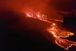 An aerial view shows lava flowing from the volcanic eruption of Mount Nyiragongo near Goma, in the Democratic Republic of Congo