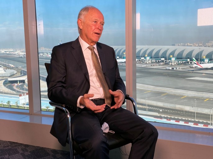 Emirates Airline President Tim Clark gestures as he speaks during an interview with Reuters in Dubai, United Arab Emirates, 