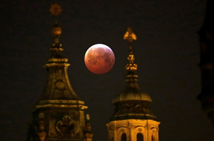 The "Super Blood Wolf Moon" is seen during a lunar eclipse in Prague, Czech Republic, January 21, 2019. 