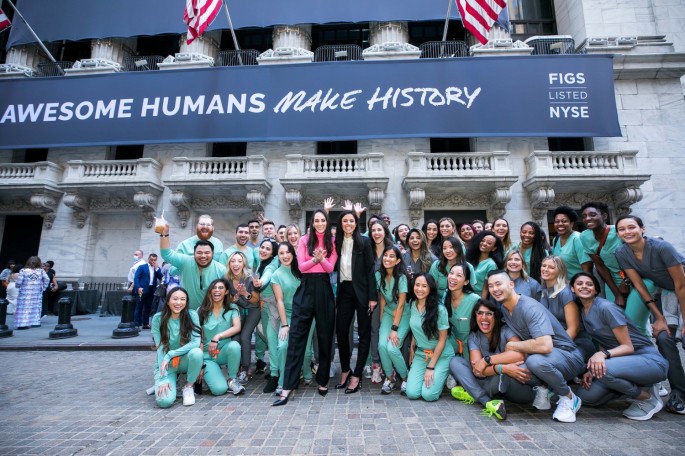 FIGS Inc co-founders Heather Hasson and Trina Spear arrive at the NYSE with FIGS ambassadors to celebrate the company's initial public offering in New York City, U.S.