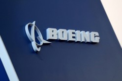 The Boeing logo is pictured at the Latin American Business Aviation Conference & Exhibition fair at Congonhas Airport in Sao Paulo