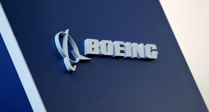 The Boeing logo is pictured at the Latin American Business Aviation Conference & Exhibition fair at Congonhas Airport in Sao Paulo