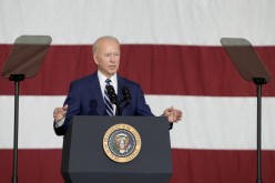 U.S. President Joe Biden speaks as he visits Joint Base Langley-Eustis with first lady Jill Biden, in Hampton, Virginia, U.S
