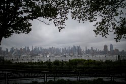 The skyline of Manhattan in New York is seen during a rainy day from Weehawken, New Jersey, U.S.,