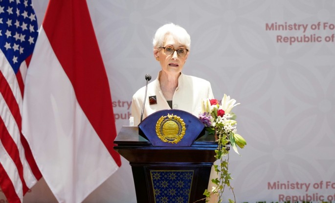 U.S. Deputy Secretary of State Wendy Sherman speaks during a press briefing with Indonesian Deputy Foreign Minister Mahendra Siregar following their meeting