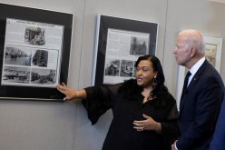 U.S. President Joe Biden tours the Greenwood Cultural Center during a visit to mark the centennial anniversary of the 1921 Tulsa race massacre in Tulsa, Oklahoma, U.S.
