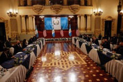 Guatemala's President Alejandro Giammattei and U.S. Vice President Kamala Harris attend a bilateral meeting at the Palacio Nacional de la Cultura, during Harris' first international trip