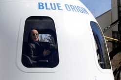 Amazon and Blue Origin founder Jeff Bezos addresses the media about the New Shepard rocket booster and Crew Capsule mockup at the 33rd Space Symposium in Colorado Springs, Colorado, United States