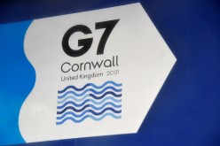 A G7 logo is seen on an information sign near the Carbis Bay hotel resort, where an in-person G7 summit of global leaders is due to take place in June, St Ives, Cornwall, 