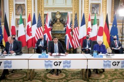 Britain's Chancellor of the Exchequer Rishi Sunak speaks at a meeting of finance ministers from across the G7 nations ahead of the G7 leaders' summit,