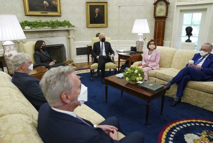 U.S. President Joe Biden holds an infrastructure meeting with top congressional leaders House Minority Leader Kevin McCarthy, Senate Minority Leader Mitch McConnell