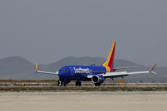 A Southwest Airline Boeing 737 MAX 8 aircraft lands at Victorville Airport in Victorville, California, U.S.,