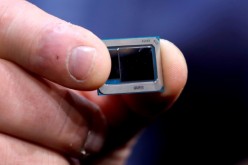 An Intel Tiger Lake chip is displayed at an Intel news conference during the 2020 CES in Las Vegas, Nevada, U.S