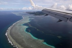 Plane carrying then U.S. Secretary of State Mike Pompeo makes its landing approach on Pohnpei International Airport in Kolonia,