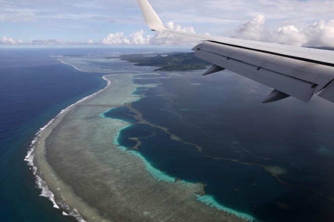 Plane carrying then U.S. Secretary of State Mike Pompeo makes its landing approach on Pohnpei International Airport in Kolonia,