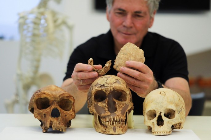 Tel Aviv University Professor Israel Hershkovitz, holds what scientists say are two pieces of fossilised bone of a previously unknown kind of early human