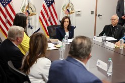 U.S. Vice President Kamala Harris takes part in a round table with faith and community leaders who are assisting with the processing of migrants seeking asylum