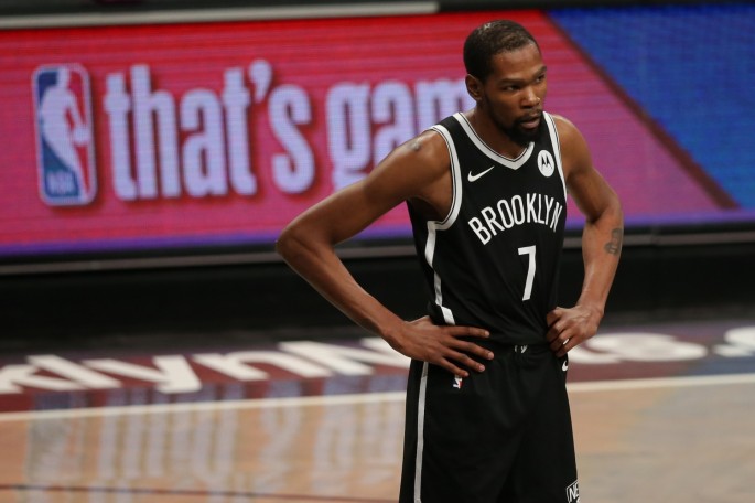 Jun 5, 2021; Brooklyn, New York, USA; Brooklyn Nets power forward Kevin Durant (7) reacts during the first quarter of game one of the Eastern Conference semifinals