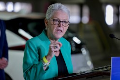 White House Climate Advisor Gina McCarthy holds a news conference in the parking garage at Union Station in front of new EV charging stations in Washington, U.S.